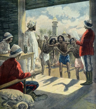 Hindoes komen de Engelsen om hulp vragen tijdens de grote hongersnood van 1896 - 1897 (Gravure) door Fortune Louis Meaulle