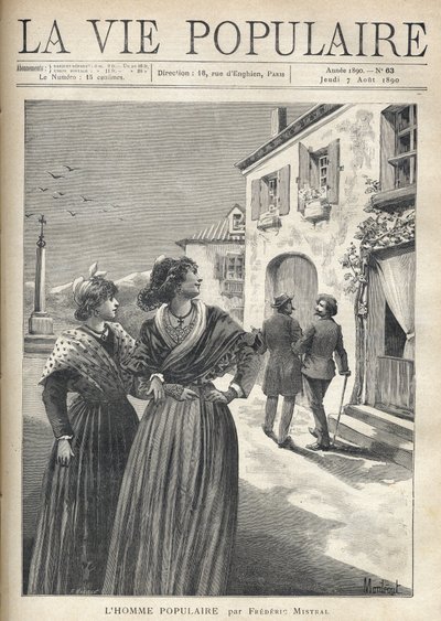 In de straten van een dorp in de Provence, twee mooie vrouwen in Provençaalse jurken keren zich om naar de straat om een man te confronteren die zelfverzekerd naar hen kijkt. Illustratie door Montegut voor De Populaire Man door Frederic Mistral (1830-1914) door Fortune Louis Meaulle