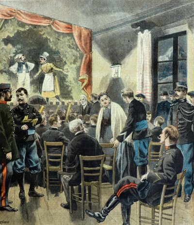 Le theatre aux armeses , voorstelling door alpenjagers door Fortune Louis Meaulle