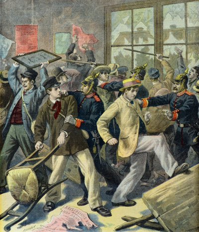 Opstand van dienstplichtigen uit Elzas-Lotharingen in Duitse stations (Gravure) door Fortune Louis Meaulle