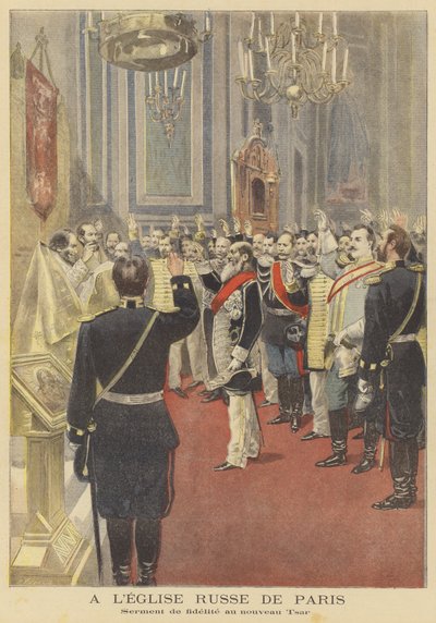 De eed van trouw aan de nieuwe tsaar in de Russische kerk in Parijs door Fortune Louis Meaulle