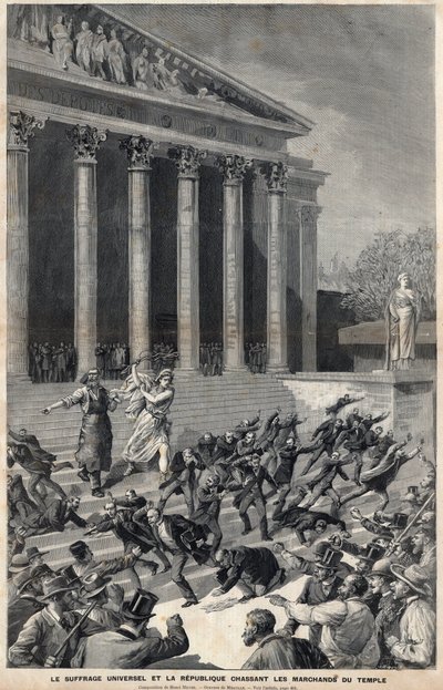 Algemeen kiesrecht en de Republiek verdrijven kooplieden uit de Tempel - allegorie over de nasleep van de Panama-affaire - Gravure door Meaulle door Henri Meyer door Fortune Louis Meaulle