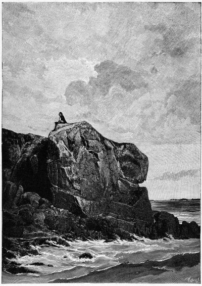 Victor Hugo in ballingschap op Jersey in 1855, op de Proscriit-rots. Gravure door Louis Fortune Meaulle. door Fortune Louis Meaulle