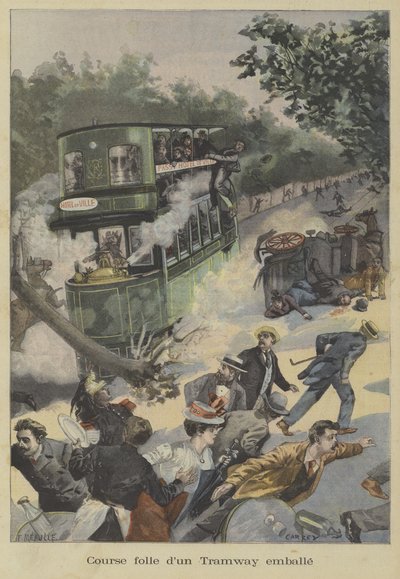Wilde rit van een op hol geslagen tram in Parijs door Fortune Louis Meaulle