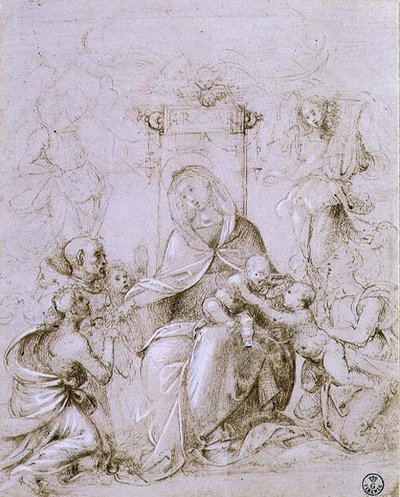 Madonna en kind op de troon met St. Johannes de Doper gepresenteerd door een engel en St. Monica door Fra Bartolomeo