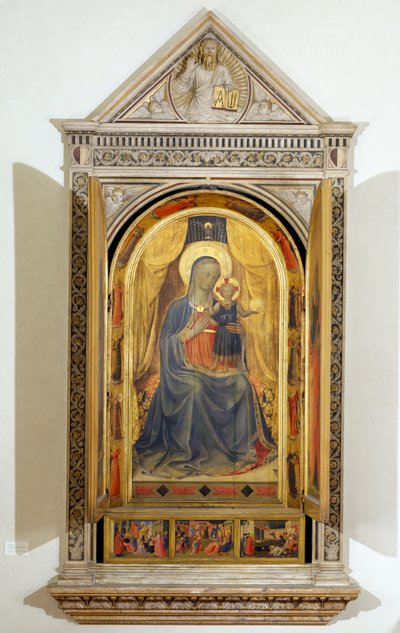 Het Linaiuoli Drieluik (met open luiken): De Maagd en het Kind op de troon met St. Johannes de Doper en St. Marcus door Fra  Angelico
