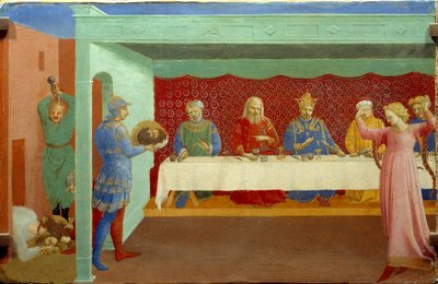 De onthoofding van Johannes de Doper op het banket van Herodes Antipas: De dochter van Herodias (Salome), uitgenodigd om te dansen tijdens de verjaardag van Herodes, verleidt Herodes, die zweert haar alles te geven wat ze vraagt door Fra  Angelico