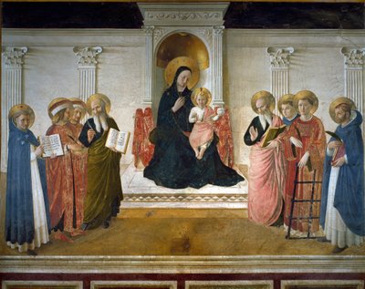 Maagd van Schaduwen of Heilige Conversatie of Maagd en Kind met Acht Heiligen: Dominicus, St Cosimo en St Damien, St Marcus, St Johannes de Evangelist, St Thomas van Aquino, St Laurentius en St Petrus door Fra  Angelico