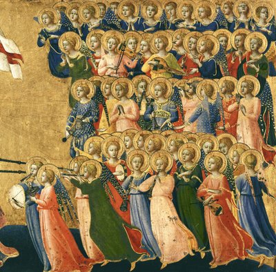 Christus verheerlijkt in het Hemelse Hof, detail van muzikale engelen van de rechterkant, 1419-35 (detail) door Fra Angelico