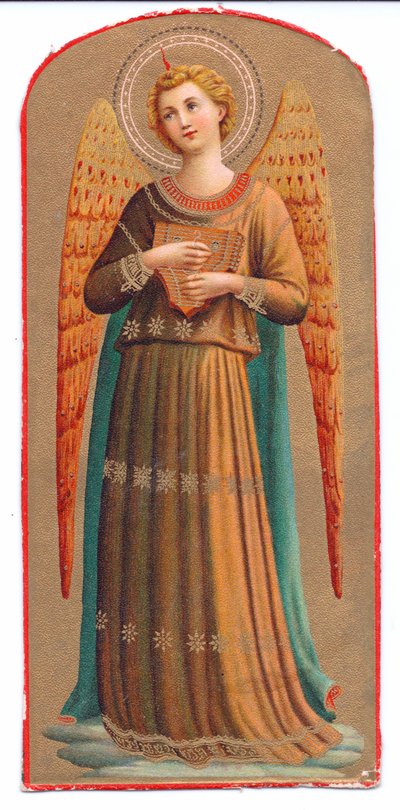 Kleurenlitho van Fra Angelico engel met muziekinstrument, ca. 1910 door Fra Angelico