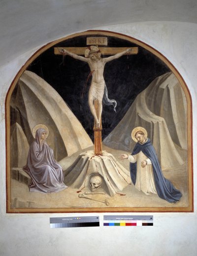 Kruisiging met de Maagd Maria en Sint Dominicus. Inscriptie "INRI" op het Kruis, 1442 door Fra Angelico