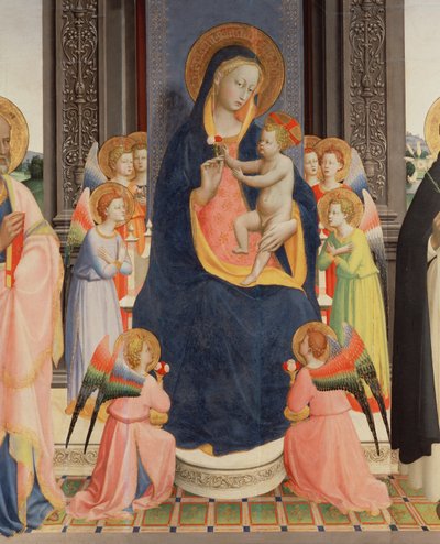 Detail van het Politico Di San Domenico met de Maagd en Kind op de troon met acht engelen door Fra Angelico