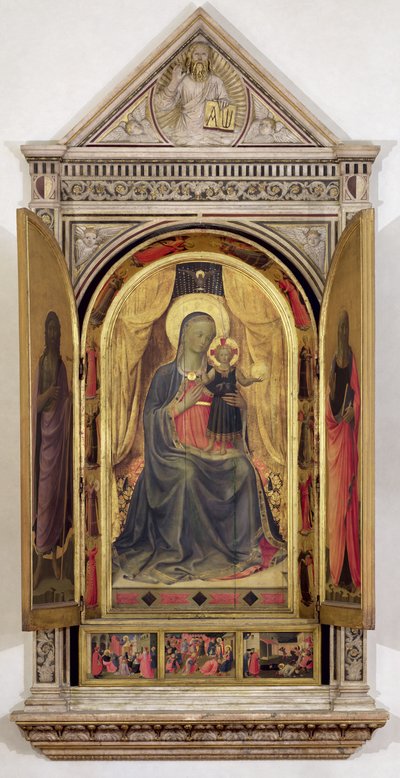 Het Linaiuoli Drieluik (met open luiken): De Maagd en het Kind op de troon met St. Johannes de Doper en St. Marcus, 1433 door Fra Angelico