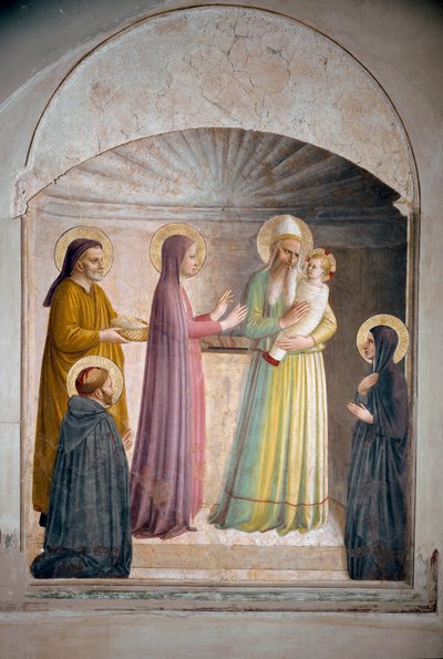 De presentatie van Christus in de tempel. Sint Petrus, martelaar, en Dominicaanse non Villana, observeert de bijbelse scène. Fresco door Guido di Pietro door Fra Angelico