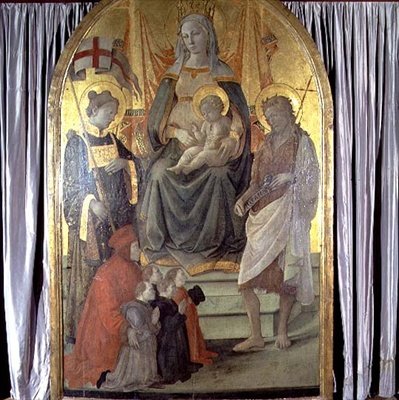 Madonna en Kind op de Troon met SS. Stephen, Johannes de Doper, Francesco Datini (ca. 1335-1410) en de Ceppo familie door Fra Filippo Lippi
