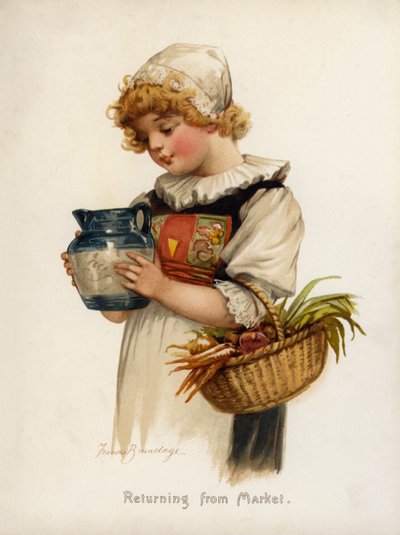Meisjes: Terug van de markt (kleur litho) door Frances Brundage