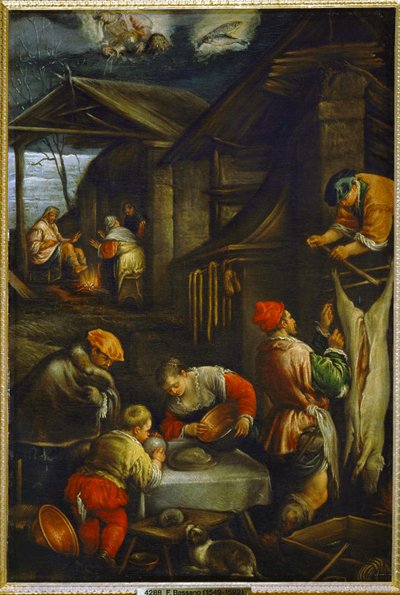 Winter, varkens slachten (schilderij op doek) door Francesco (1549-92) Bassano