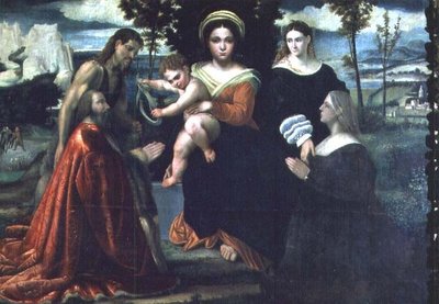 Madonna en Kind op de troon met heiligen en schenkers door Francesco Torbido