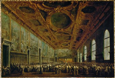 Na zijn verkiezing bedankt de Doge de Grote Raad in de Grote Raadszaal van het Dogenpaleis in Venetië, Italië ... door Francesco (circle of) Guardi