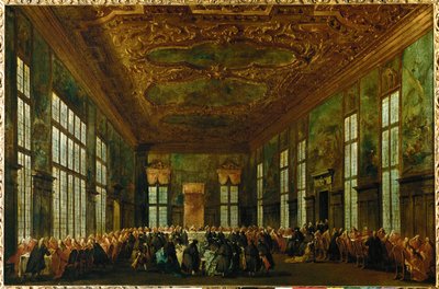 Ceremoniële maaltijd in het Dogenpaleis in de Grote Raadszaal, Doge zittend op de achtergrond ... door Francesco (circle of) Guardi