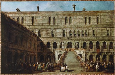 Kroning van de Doge van Venetië op de trappen van de reuzen van het hertogelijk paleis ... door Francesco (circle of) Guardi
