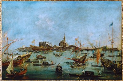 De Doge, in zijn gouden gondel, de Bucintoro, passeert San Niccolo del Lido ... door Francesco (circle of) Guardi