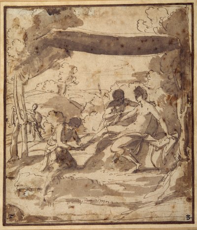 Venus, liggend onder een rustiek baldakijn, met Adonis die haar sandaal vastmaakt door Francesco Albani