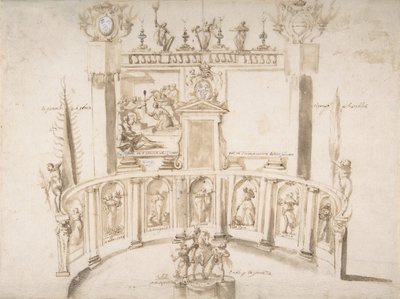 Ontwerp voor een Tuinfeest met een Halfronde Muur en Beelden in Nissen door Francesco Allegrini