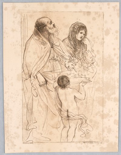 Een bisschop heilige wijst naar een modelstad, met andere figuren, naar een tekening van Guercino door Francesco Bartolozzi
