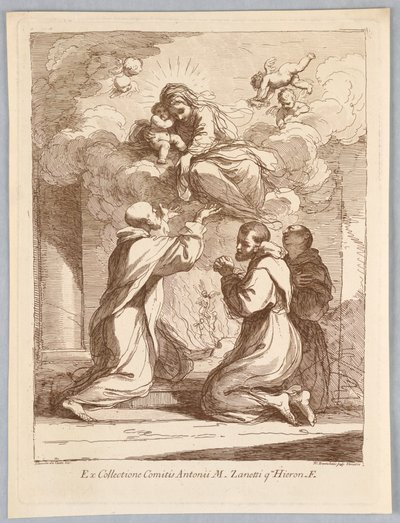 Drie heiligen, de Maagd en Kind in de wolken door Francesco Bartolozzi
