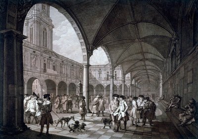 Uitzicht op de binnenplaats in de Royal Exchange met kooplieden en makelaars, City of London, 1788 door Francesco Bartolozzi