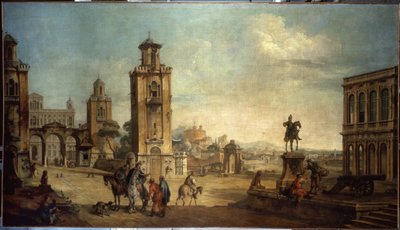 Straatscène in een stad, het grote plein met monumenten door Francesco Battaglioli