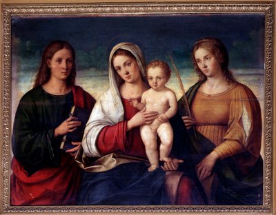 Maagd met kind omringd door Sint Johannes de Evangelist en Sint Catharina van Alexandrië door Francesco Bissolo