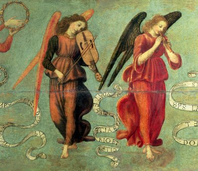 Engelen die viool en fluit spelen (detail) door Francesco Botticini