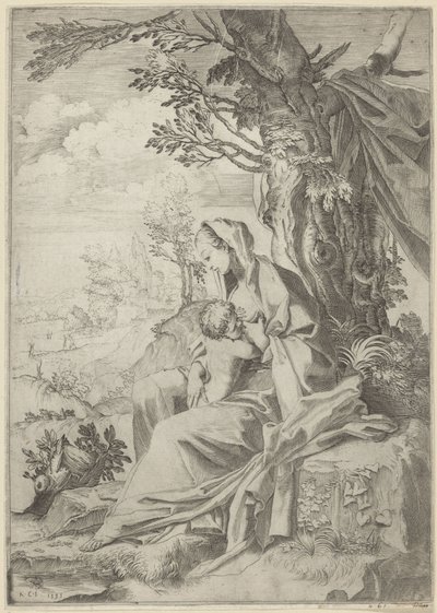 Maria zoogt het Christuskind in een landschap door Francesco Brizio