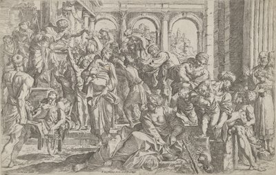 Sint Rochus links aalmoezen uitdelend aan een groep mensen om hem heen door Francesco Brizio