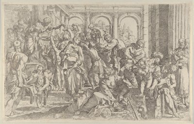 Sint Rochus links aalmoezen uitdelend aan een groep mensen om hem heen, ca. 1590-1600 door Francesco Brizio