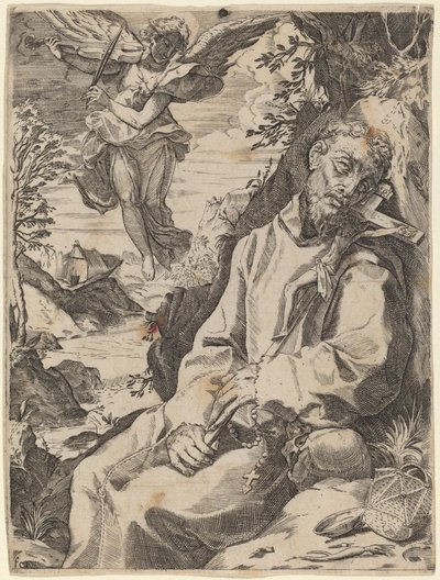 Sint Franciscus getroost door de muzikale engel door Francesco Carracci after Agostino Carracci