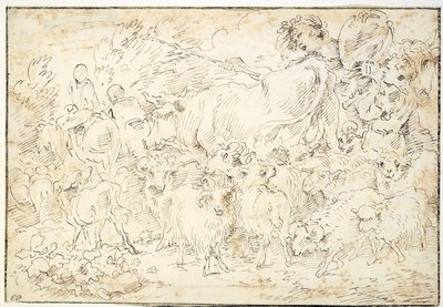 Herders met geiten, schapen, een koe en een herdershond door Francesco Castiglione