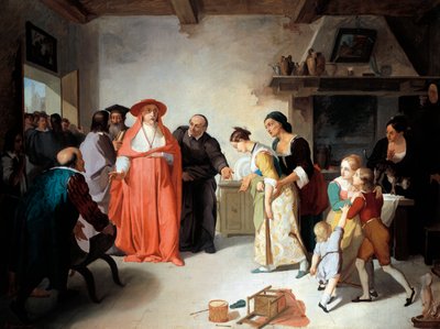 Kardinaal Borromeo bezoekt Lucy in het huis van de kleermaker, scène uit Betrothed door Alessandro Manzoni, door Francesco Coghetti, olieverf op doek door Francesco Coghetti