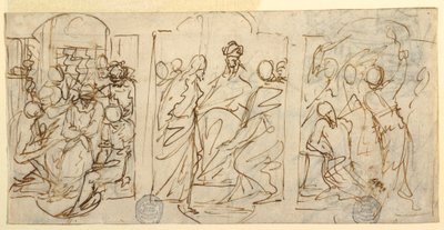 Tekening, Drie stadia van het lijdensverhaal: De bespotting, Christus voor Pilatus, Geseling, ca. 1848 door Francesco Coghetti