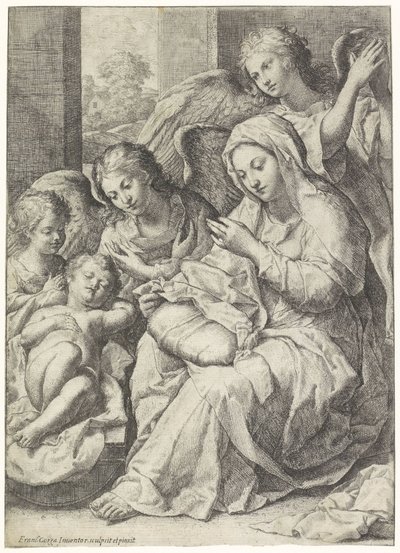 Maria en het slapende Christuskind omgeven door engelen door Francesco Cozza