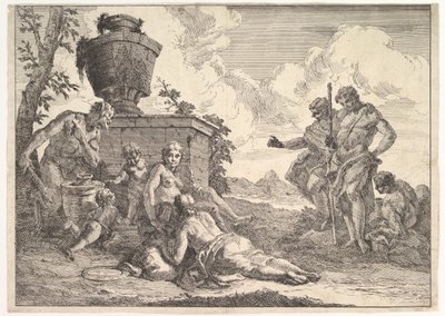 Sater met knuppel en zeven figuren, uit Bacchanalen en geschiedenissen, 1744 door Francesco Fontebasso