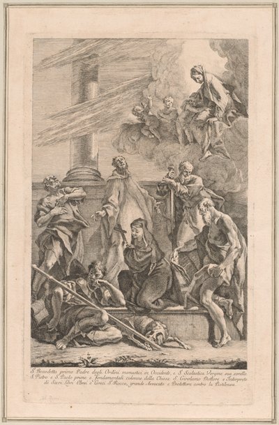 De Madonna en Kind met Twee Engelen en Heiligen Scholastica, Benedictus, Rochus, Petrus, Paulus en Hiëronymus door Francesco Fontebasso after Sebastiano Ricci