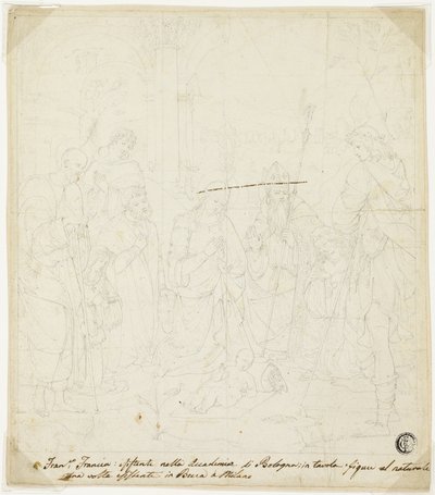 Aanbidding van het Christuskind, met Heiligen Jozef, Franciscus van Assisi en Augustinus, bijgewoond door Anton Galeazzo Bentivoglio en Alessandro Bentivoglio door Francesco Francia