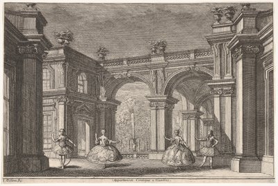 Twee dames en twee heren dansen in een sierlijke architecturale setting, een fontein op de achtergrond, 1765 door Francesco Galli Bibiena
