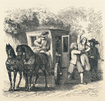 Ontvoering van Lucy, episode uit Betrothed, door Alessandro Manzoni, illustratie door Francesco Gonin voor de editie van 1840 door Francesco Gonin