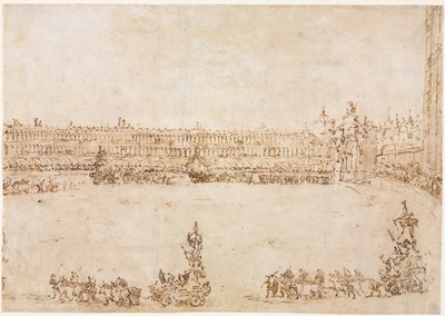 Een Processie van Triomfale Wagens op het Piazza San Marco, Venetië, ter Viering van het Bezoek van de Conti del Nord (recto) door Francesco Guardi