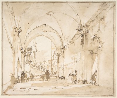 Architectonisch capriccio: gewelfde doorgang die naar een plein leidt door Francesco Guardi