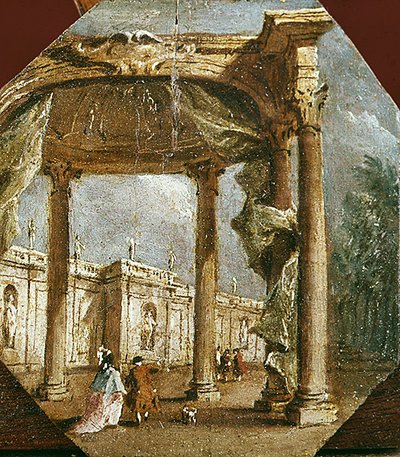 Capriccio van een dwaasheid met een elegant paar en een hond door Francesco Guardi
